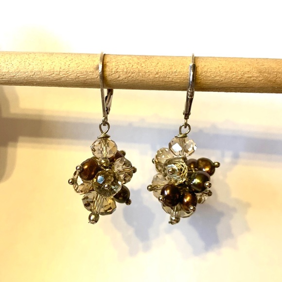 💝Vintage Silver 925 Cluster Pearl & Crystal Earrings - Picture 2 of 5